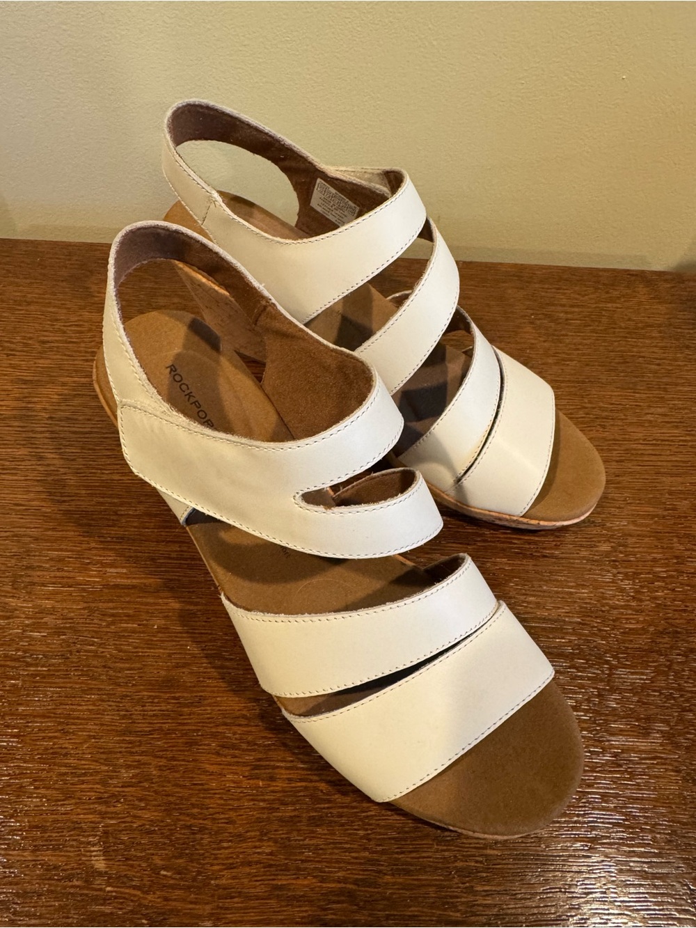 Rockport White Leather Multi-Strap Slingback Wedge Sandals